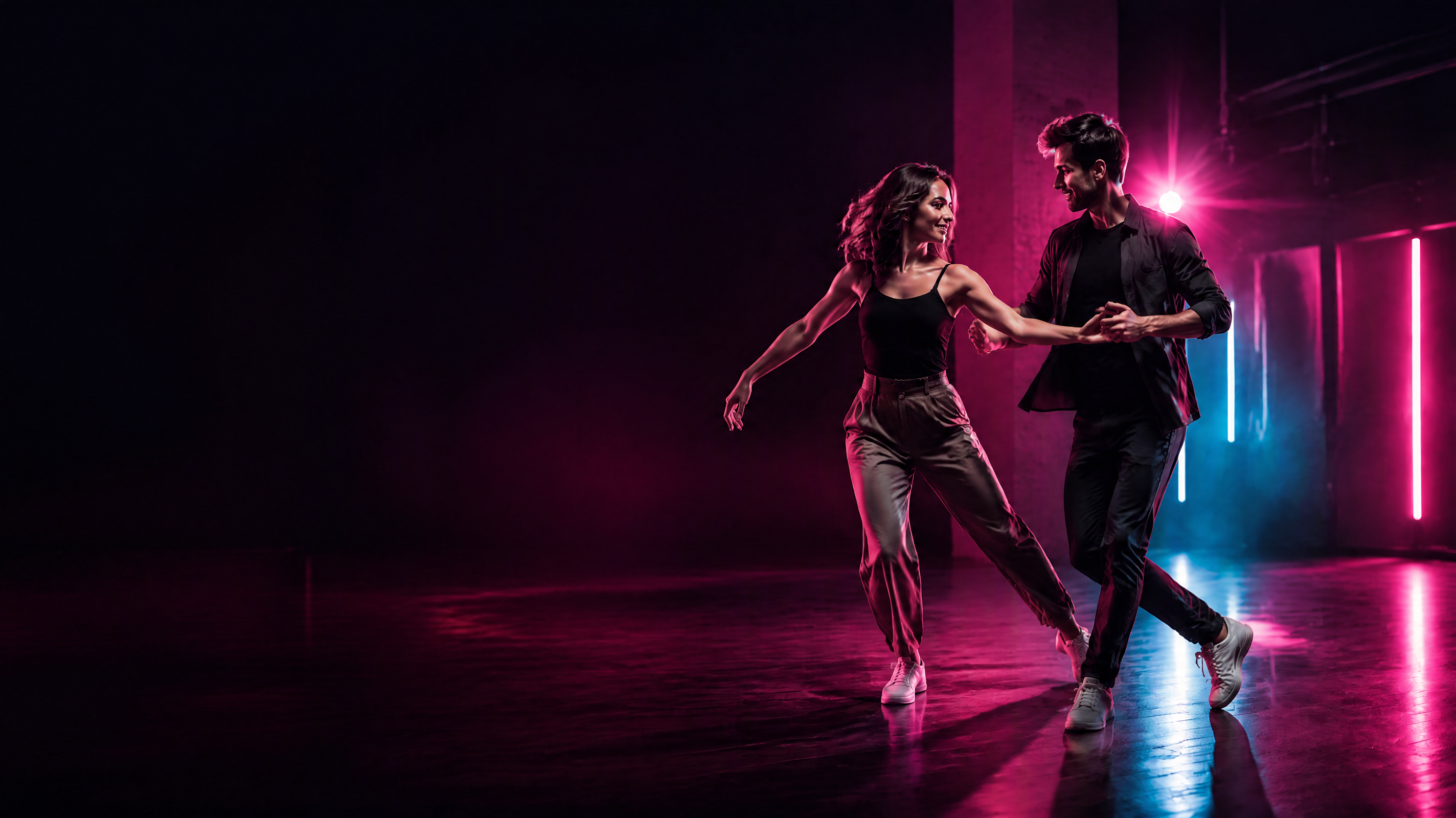 Dos personas bailando West Coast Swing en un estudio iluminado